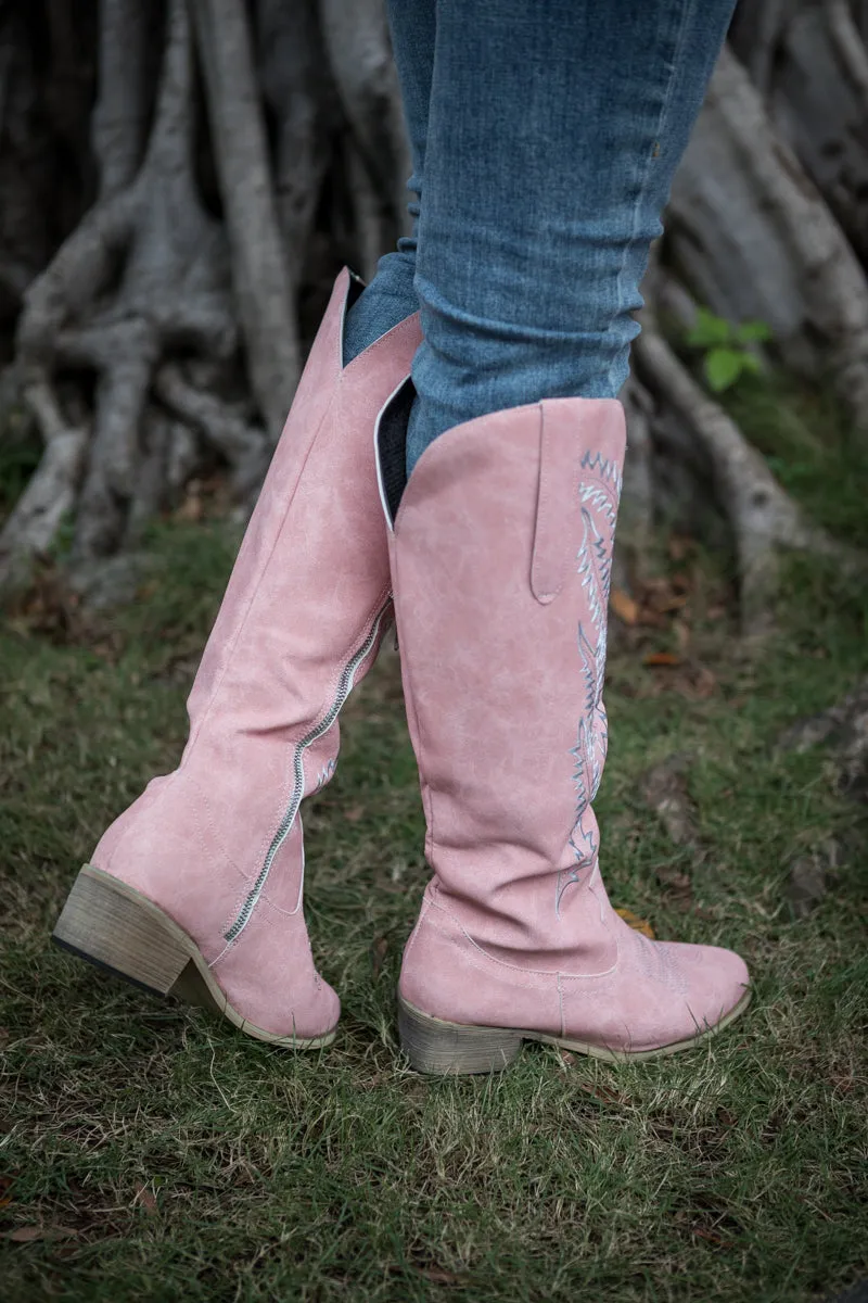 Pink Wide Calf Embroidered Cowgirl Boots