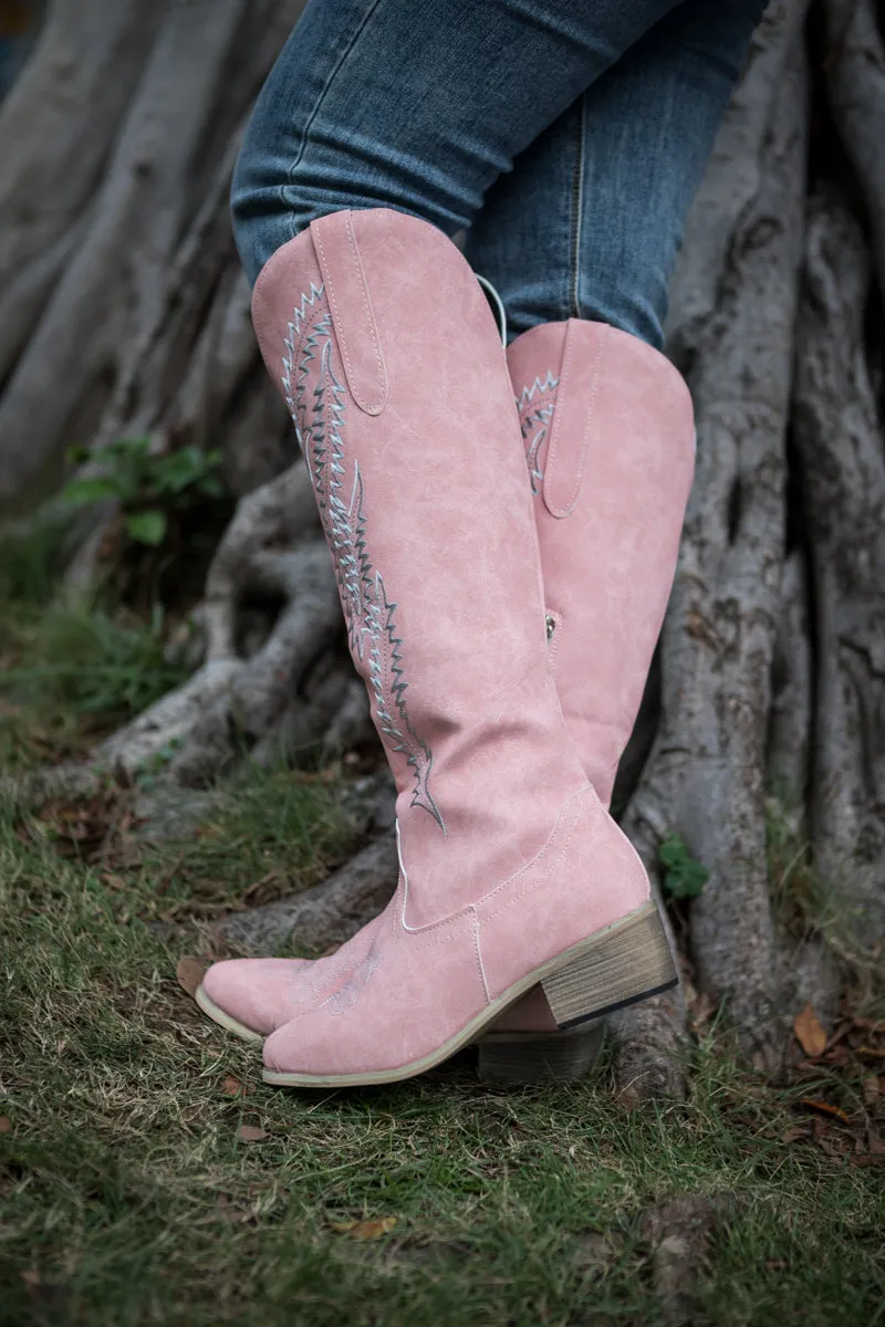 Pink Wide Calf Embroidered Cowgirl Boots