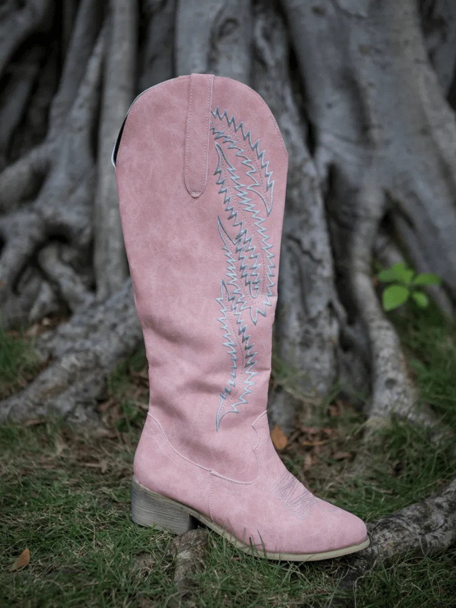 Pink Wide Calf Embroidered Cowgirl Boots