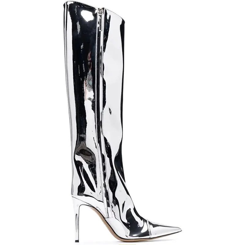 Pointed toe metal silver stiletto heel knee boots