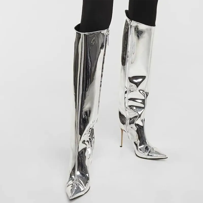 Pointed toe metal silver stiletto heel knee boots