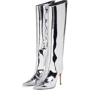 Pointed toe metal silver stiletto heel knee boots