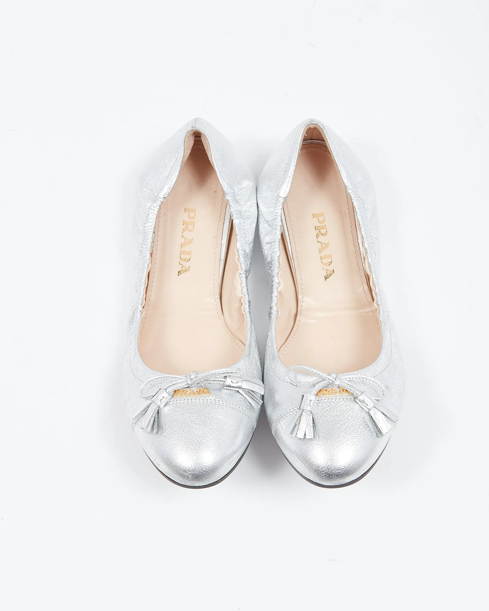 Prada Silver Leather Metallic Ballerina Flats - 37.5