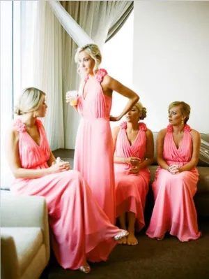 Princess Chiffon V-neck Bridesmaid Dresses Floor Length With Hand-Made Flower