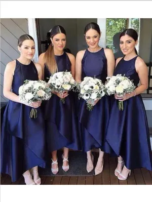 Princess Scoop Bridesmaid Dresses,Asymmetrical Layers Satin Bridesmaid Dresses