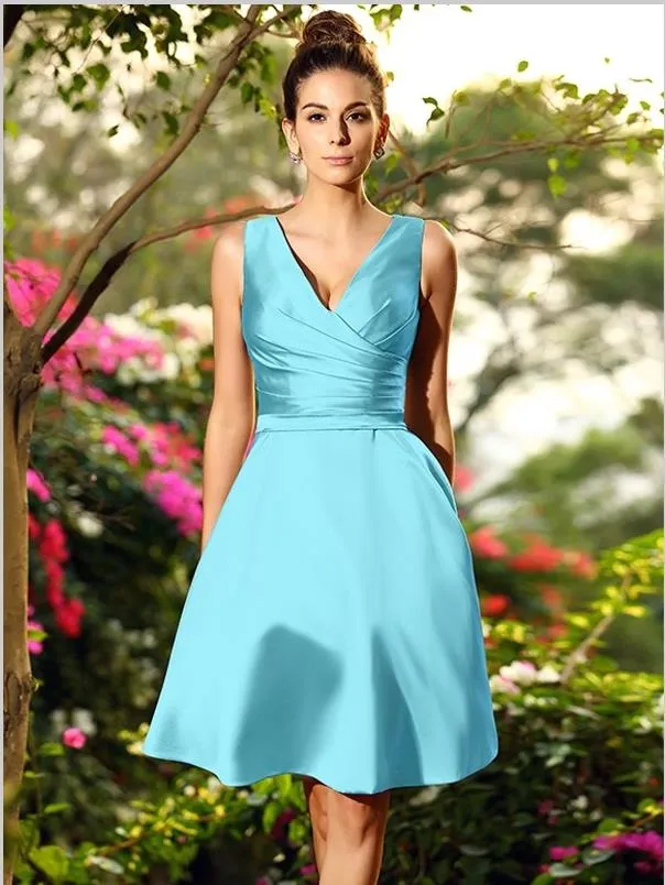 Princess V-neck Short Satin Bridesmaid Dresses,Ruched Sleeveless Bridesmaid Dresses