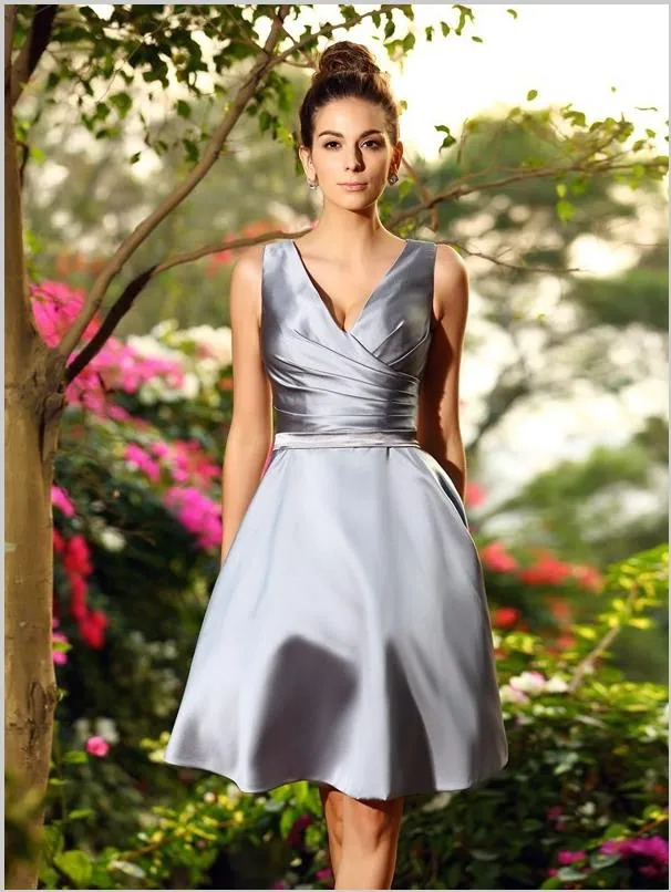 Princess V-neck Short Satin Bridesmaid Dresses,Ruched Sleeveless Bridesmaid Dresses