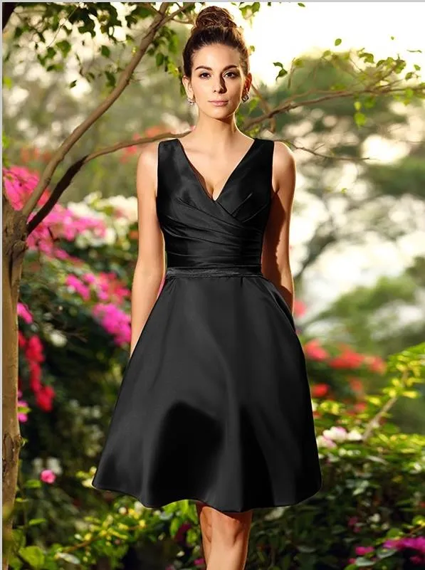 Princess V-neck Short Satin Bridesmaid Dresses,Ruched Sleeveless Bridesmaid Dresses