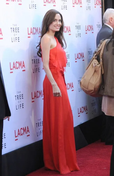 Red Angelina Jolie One shoulder Prom Evening Celebrity Red Carpet Dress The Tree Of Life Premiere