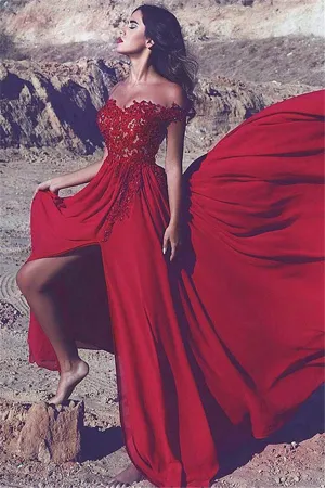 Red Split Lace Appliques Long Prom Dresses Off the Shoulder Evening Dresses