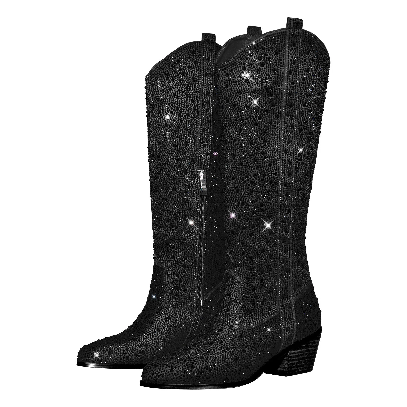Rhinestone Round Toe Knee-high Boots
