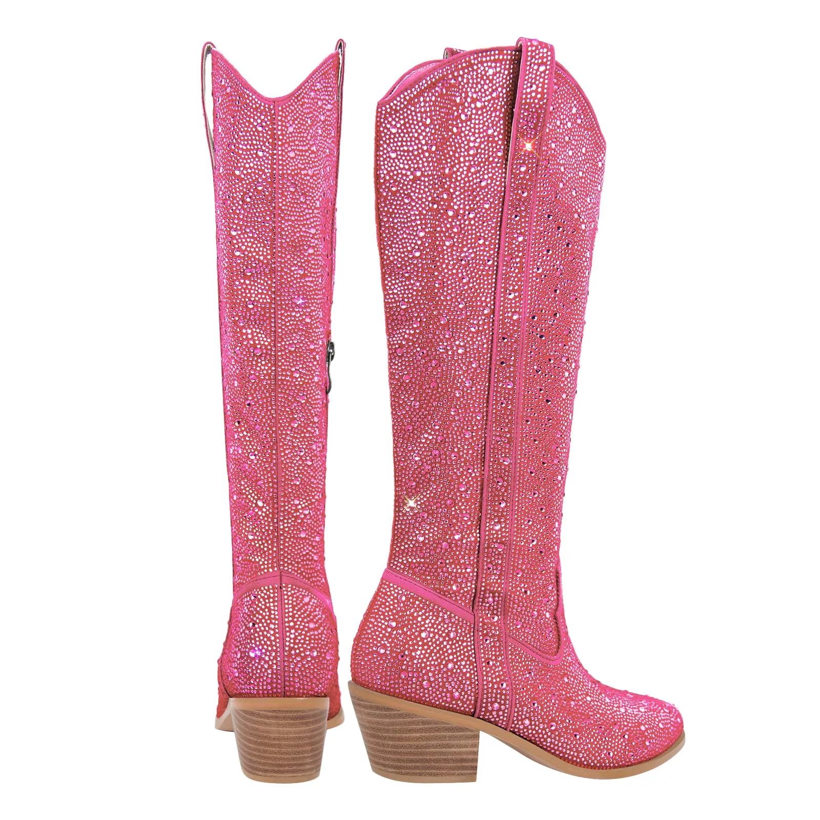 Rhinestone Round Toe Knee-high Boots