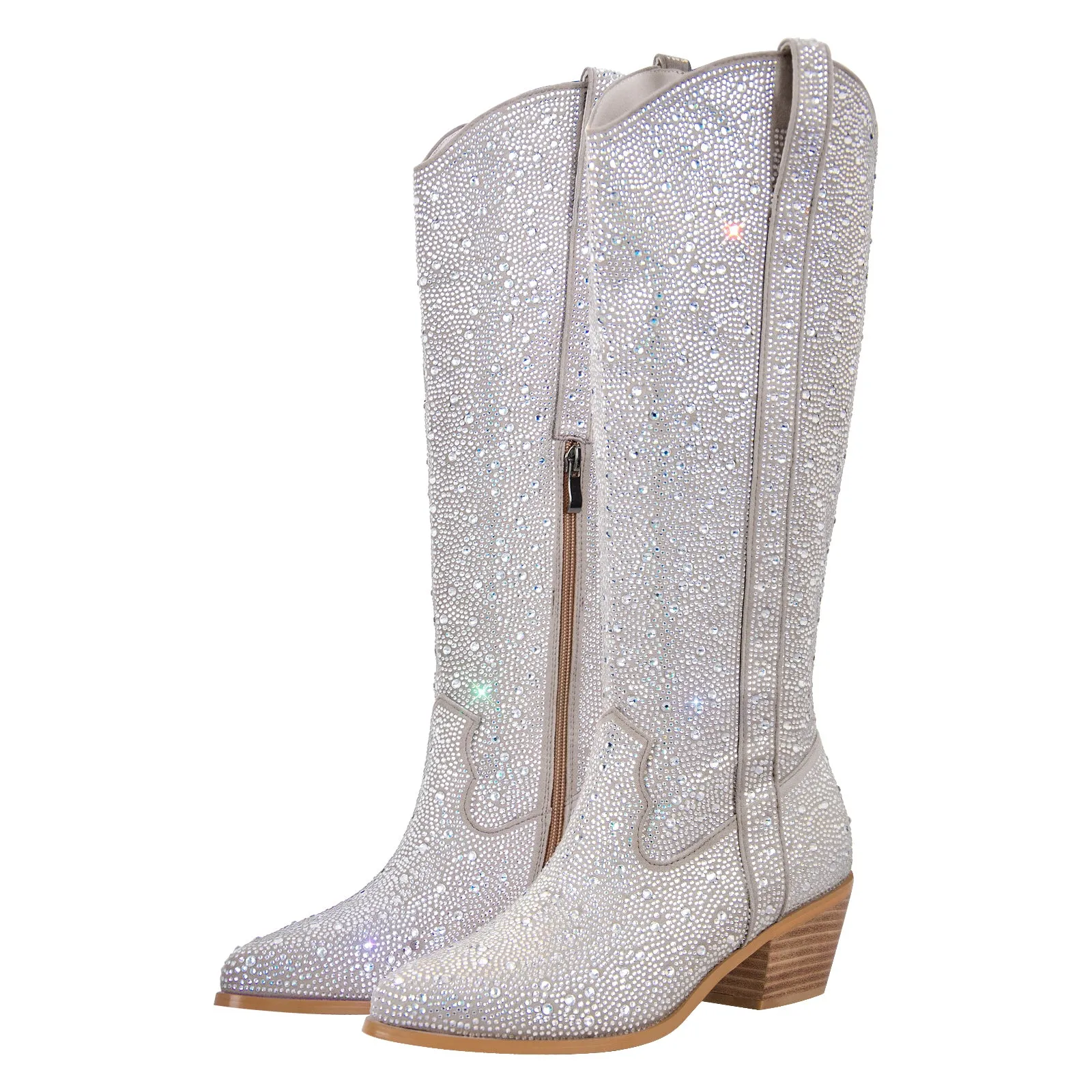 Rhinestone Round Toe Knee-high Boots