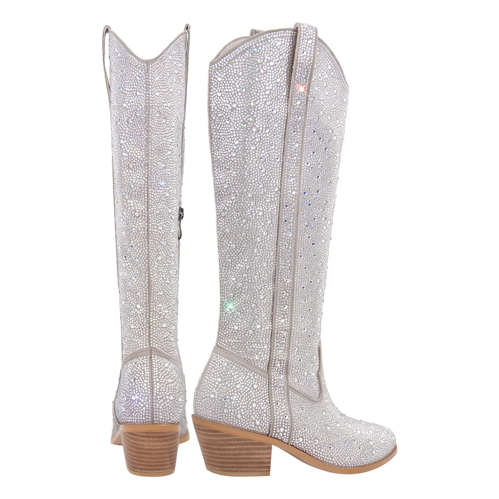 Rhinestone Round Toe Knee-high Boots