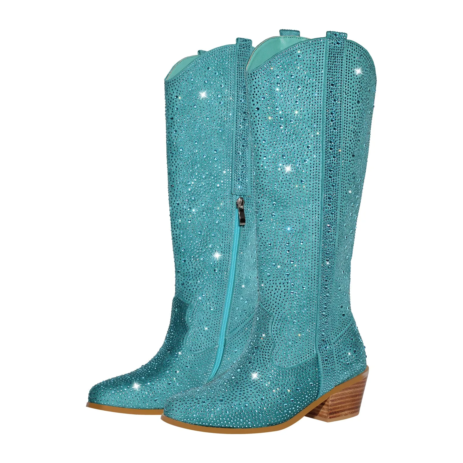 Rhinestone Round Toe Knee-high Boots