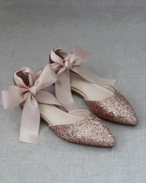 Rock Glitter Pointy Toe Flats with Blush Satin Ankle Tie or Ballerina Lace Up