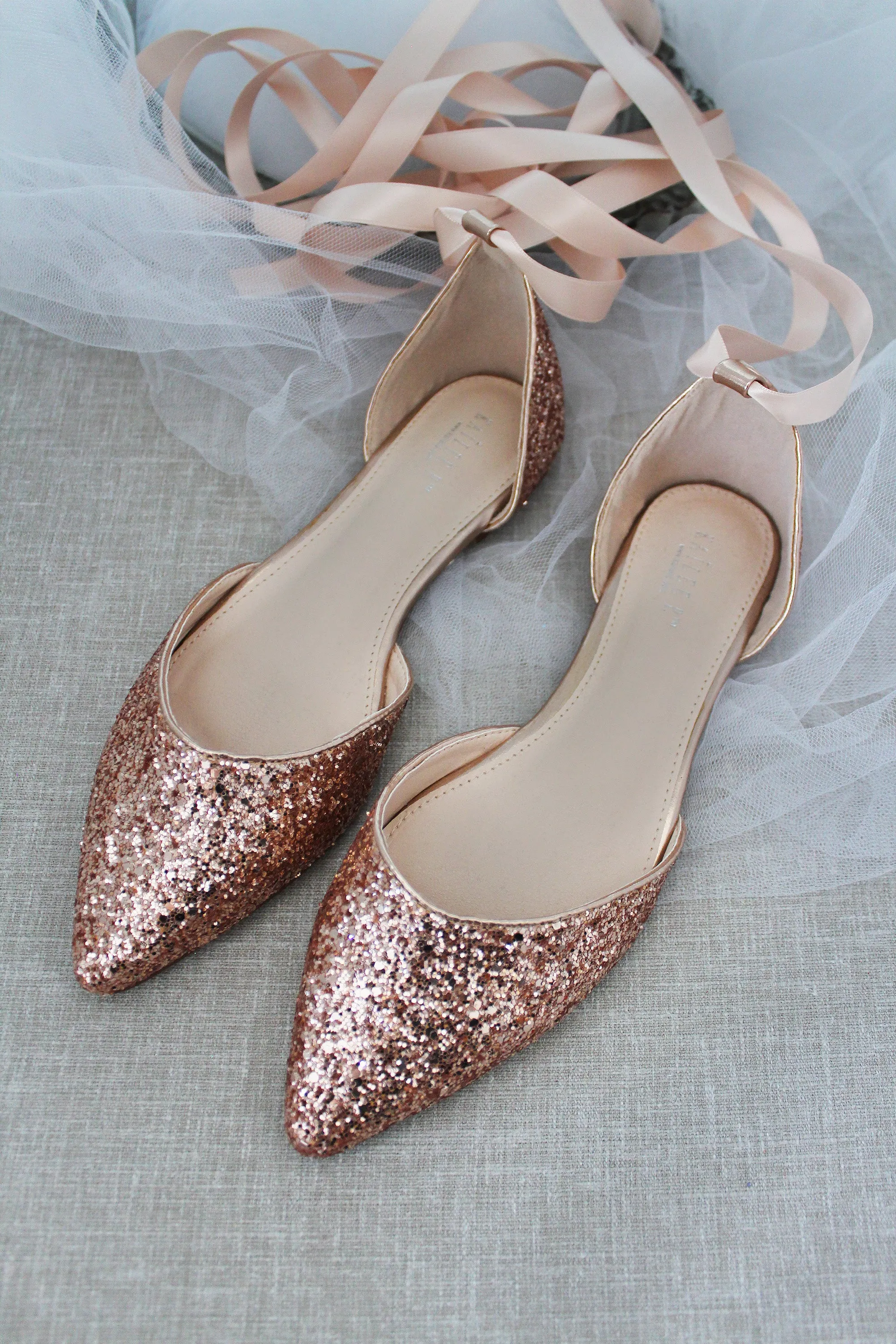 Rock Glitter Pointy Toe Flats with Blush Satin Ankle Tie or Ballerina Lace Up