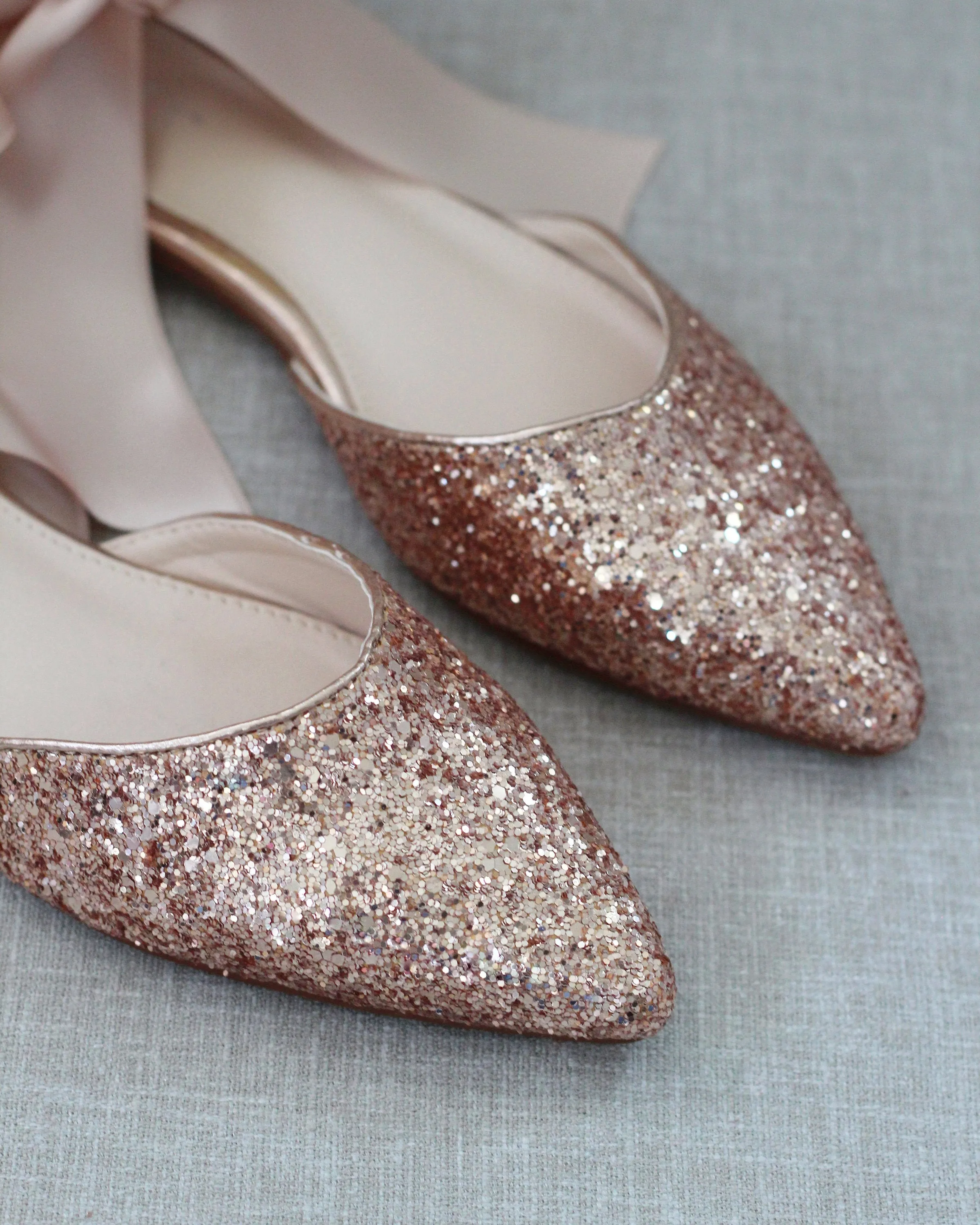 Rock Glitter Pointy Toe Flats with Blush Satin Ankle Tie or Ballerina Lace Up