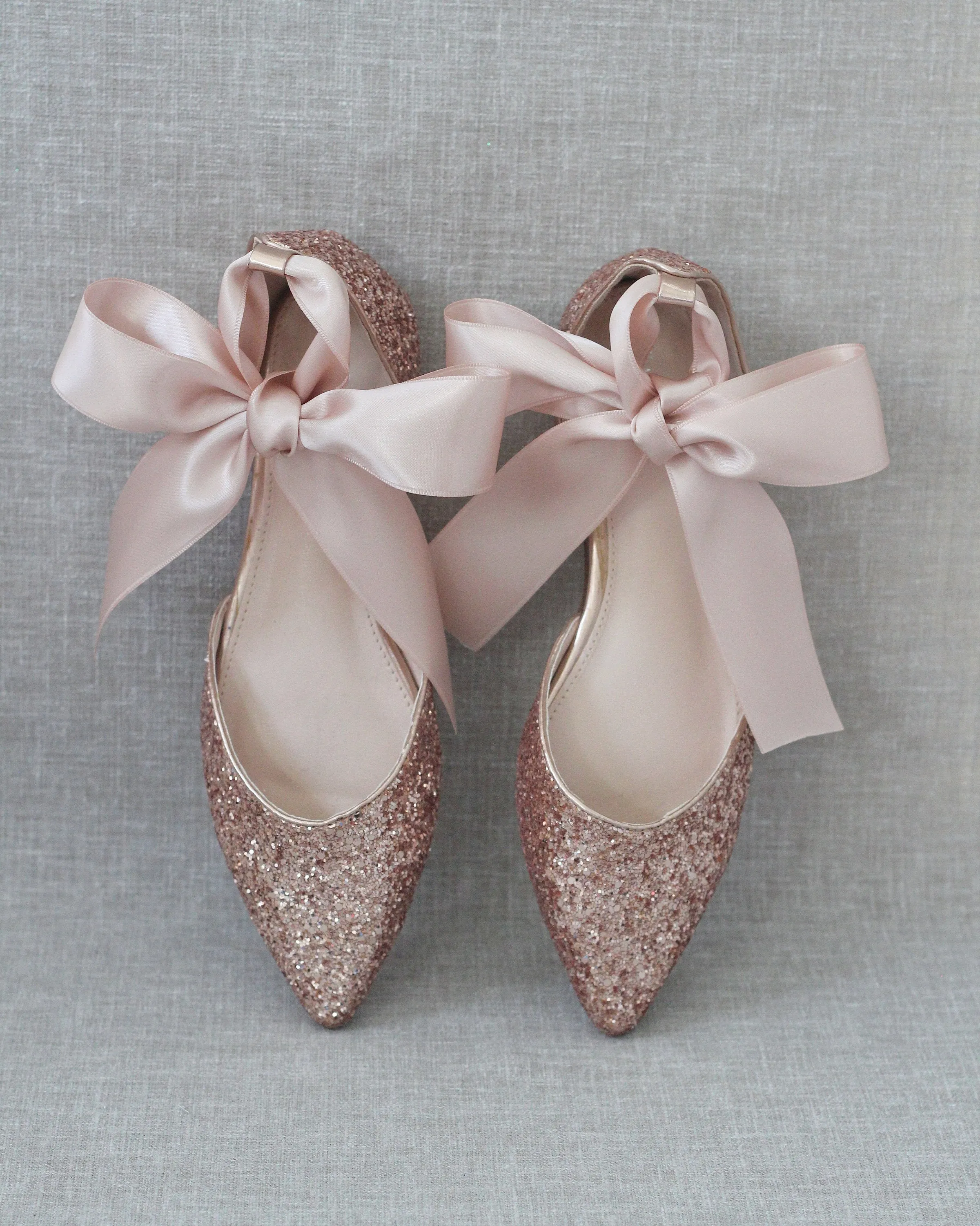 Rock Glitter Pointy Toe Flats with Blush Satin Ankle Tie or Ballerina Lace Up