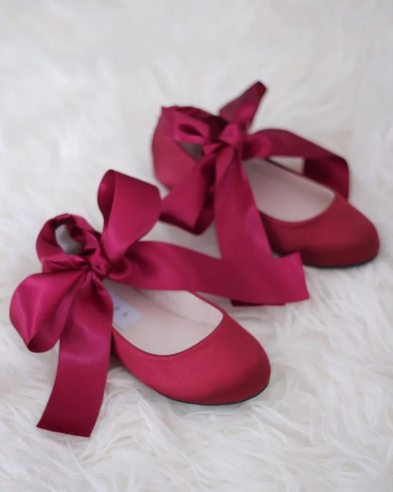 Satin Ballet Flats with Ankle Tie or Ballerina Lace Up