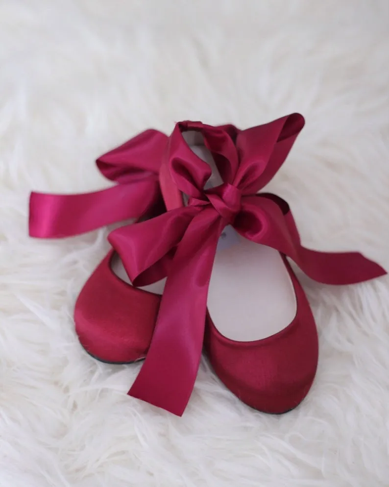 Satin Ballet Flats with Ankle Tie or Ballerina Lace Up