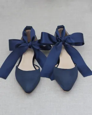 Satin Pointy Toe Flats with Satin Ankle Tie or Ballerina Lace Up