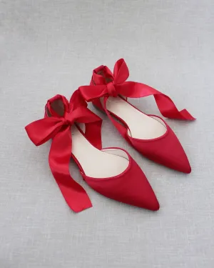 Satin Pointy Toe Flats with Satin Ankle Tie or Ballerina Lace Up