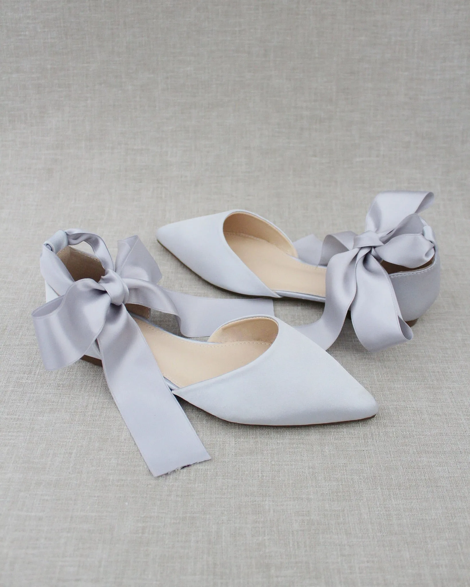 Satin Pointy Toe Flats with Satin Ankle Tie or Ballerina Lace Up