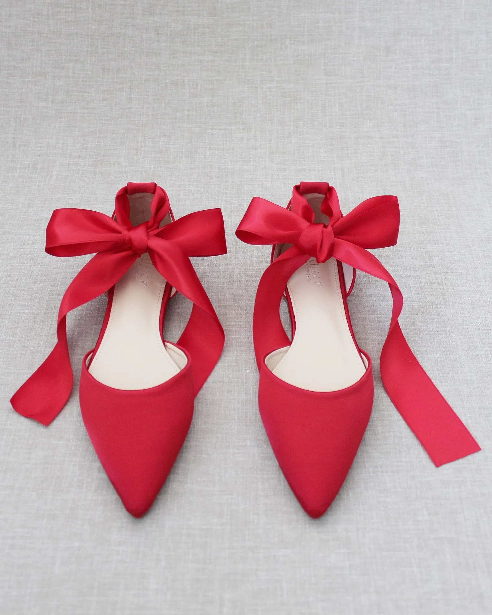 Satin Pointy Toe Flats with Satin Ankle Tie or Ballerina Lace Up