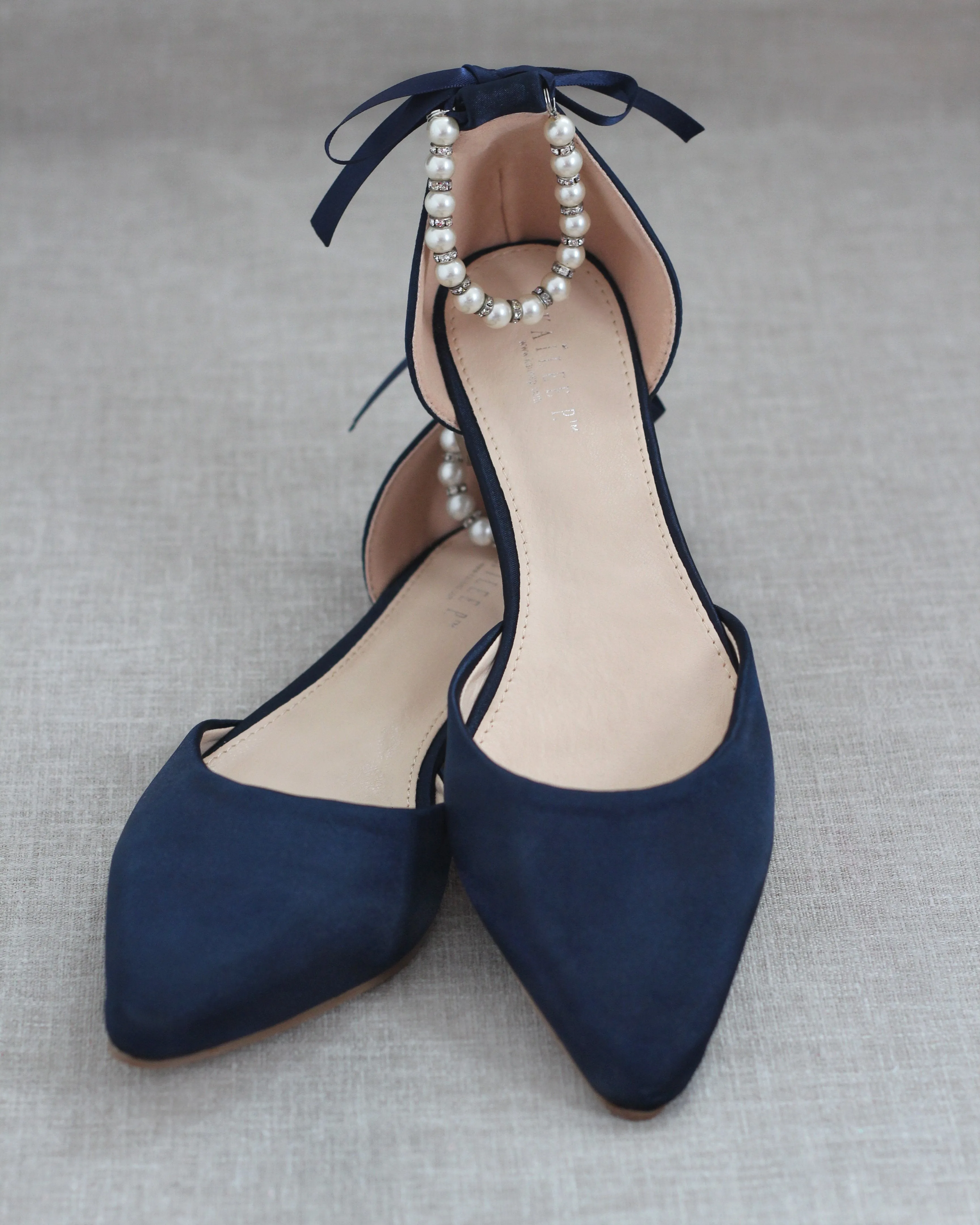 Satin Pointy Toe Flats with Satin Ankle Tie or Ballerina Lace Up