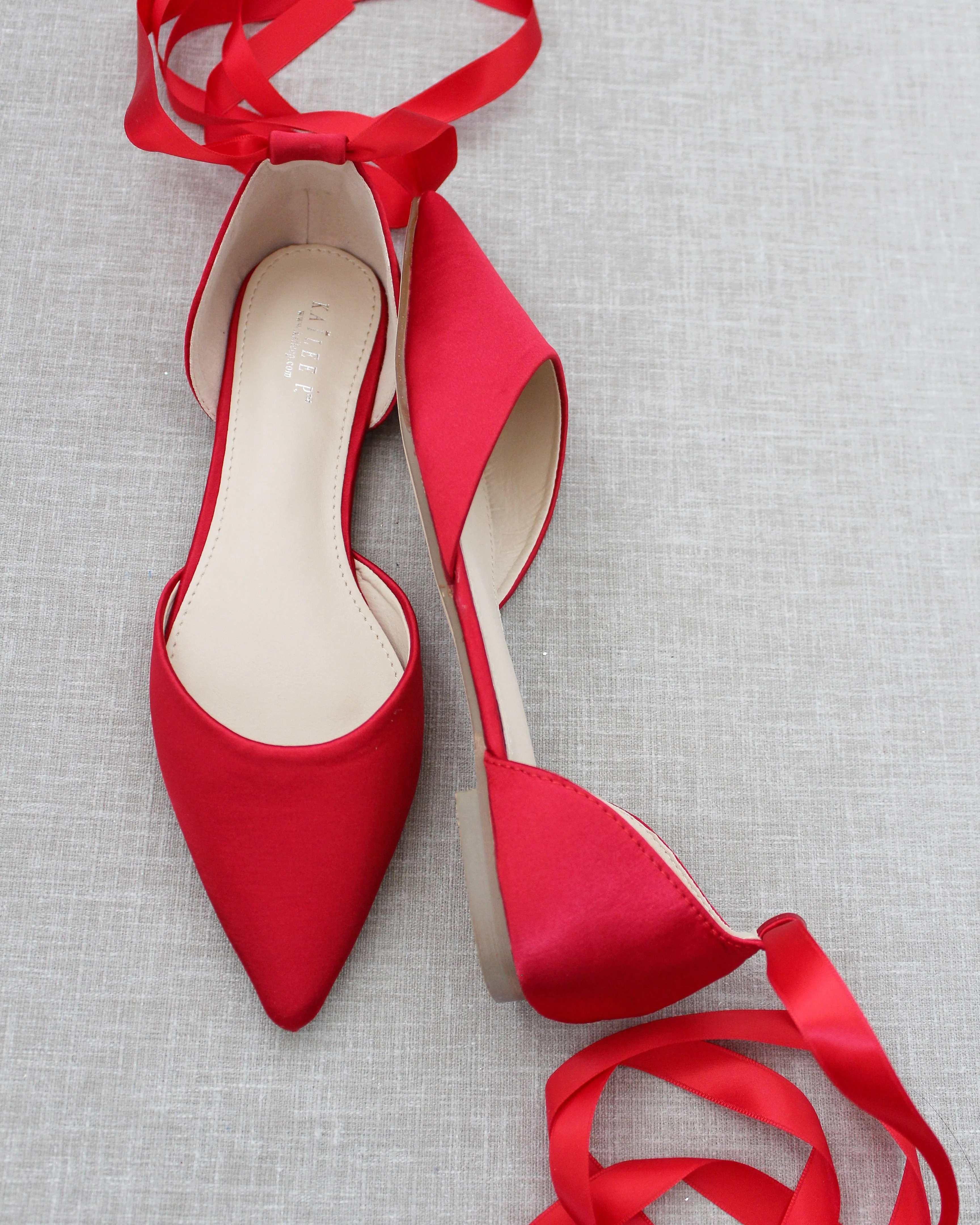 Satin Pointy Toe Flats with Satin Ankle Tie or Ballerina Lace Up
