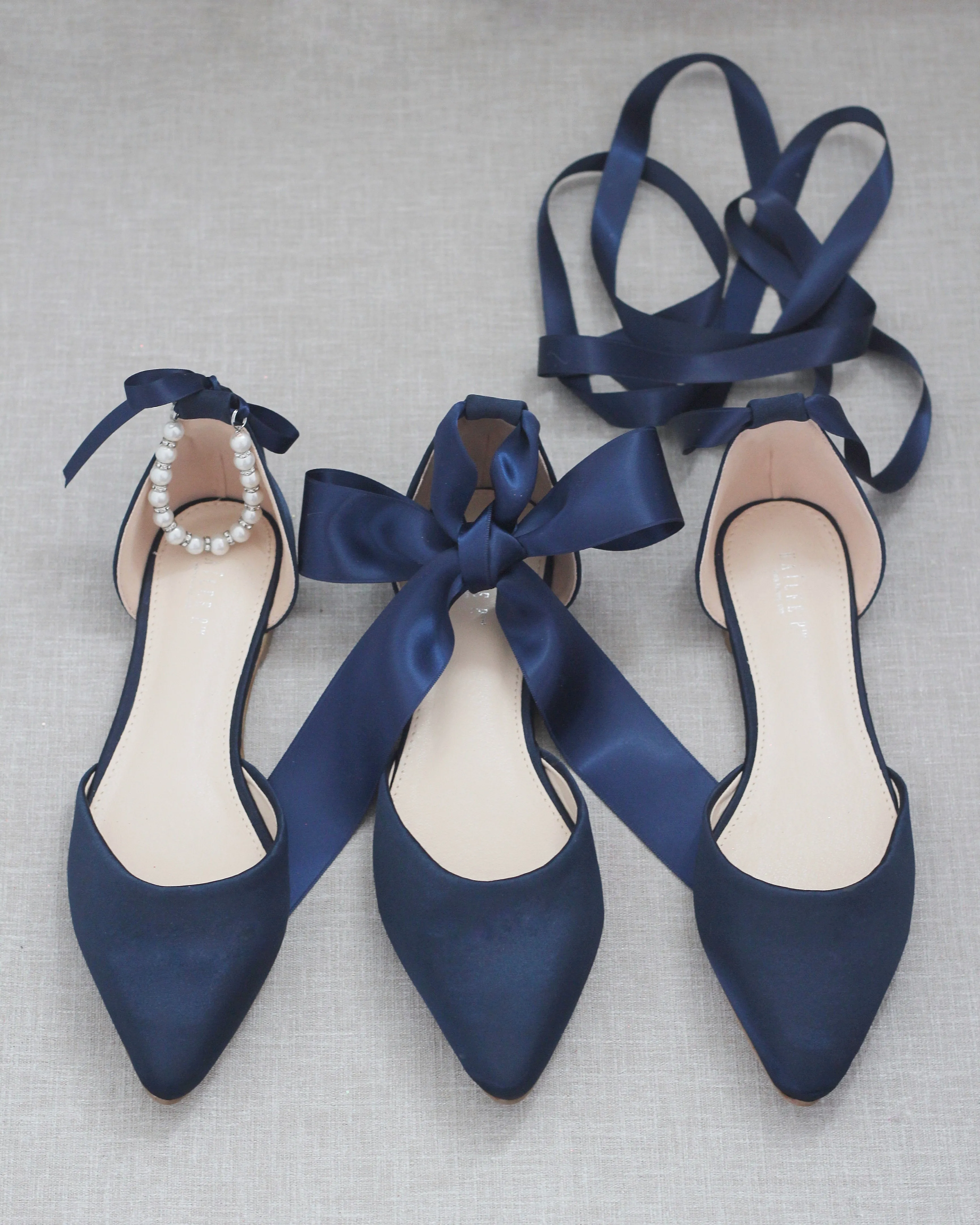 Satin Pointy Toe Flats with Satin Ankle Tie or Ballerina Lace Up
