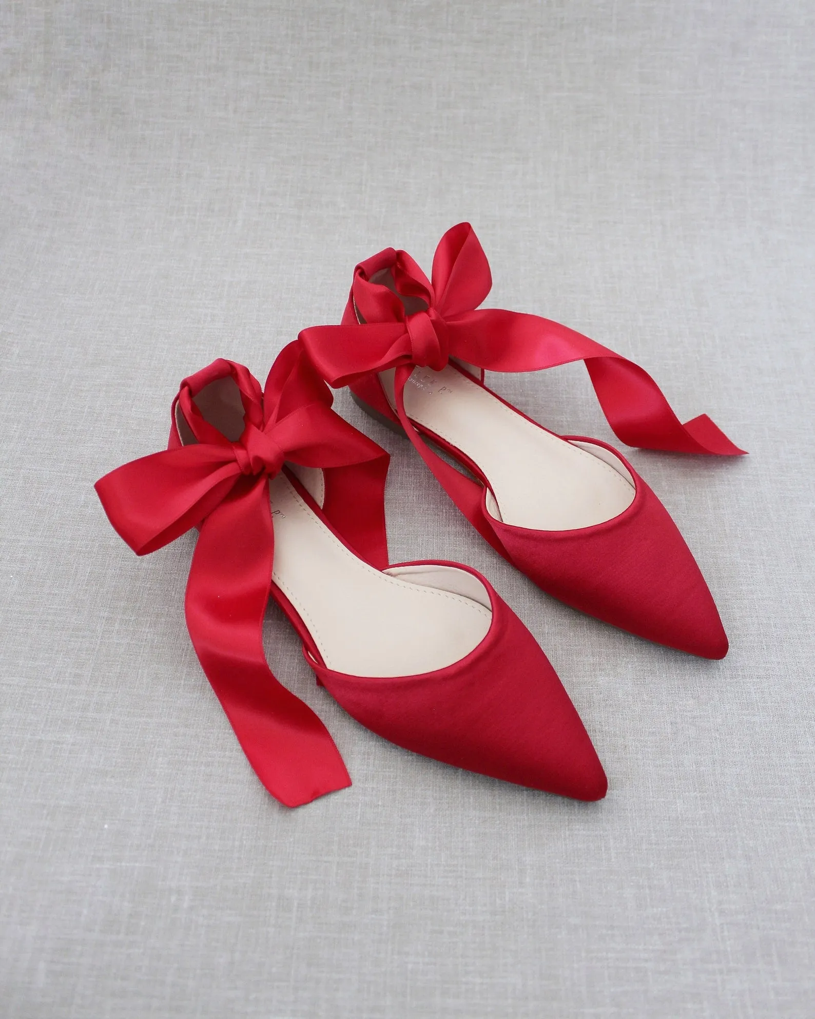 Satin Pointy Toe Flats with Satin Ankle Tie or Ballerina Lace Up