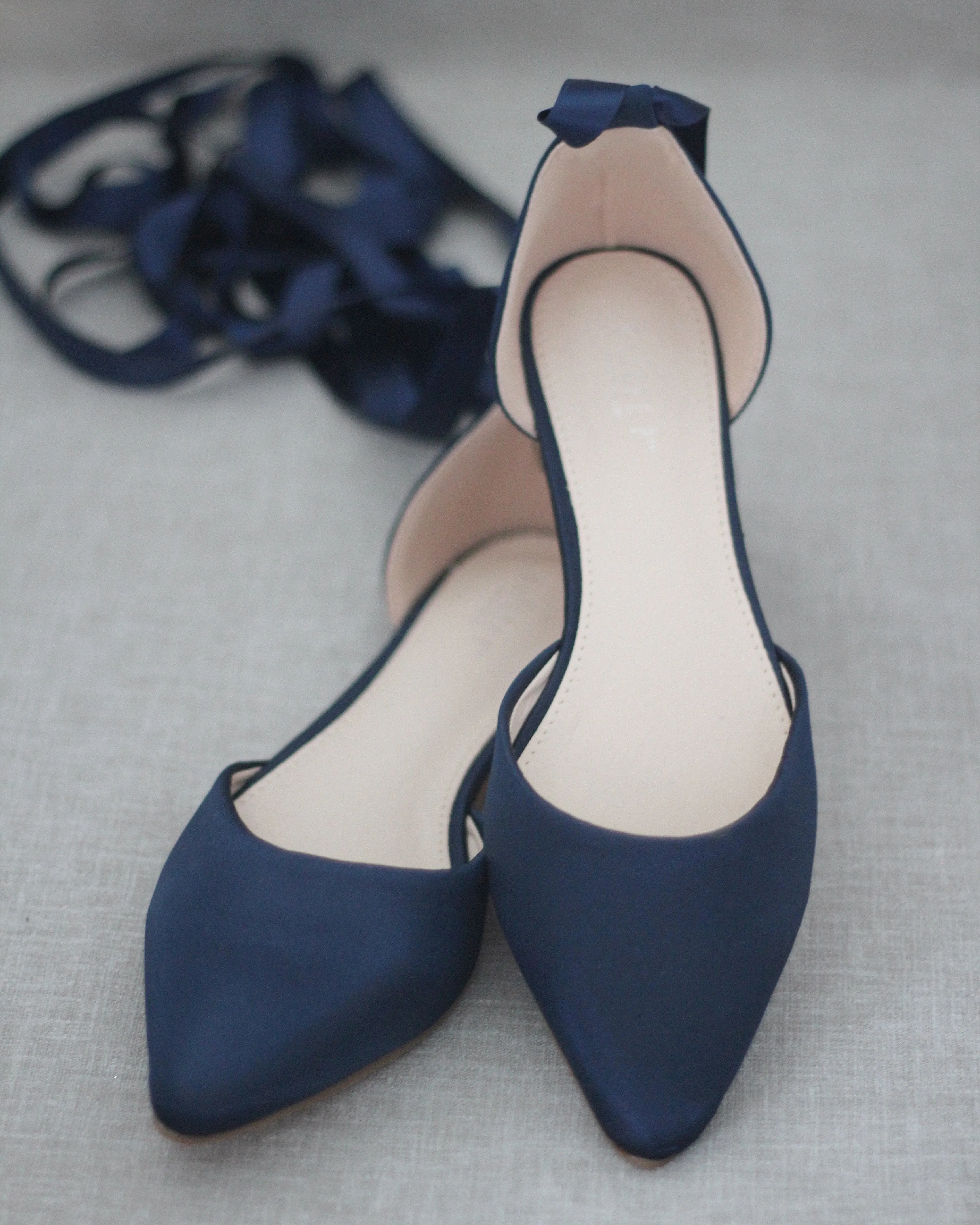 Satin Pointy Toe Flats with Satin Ankle Tie or Ballerina Lace Up