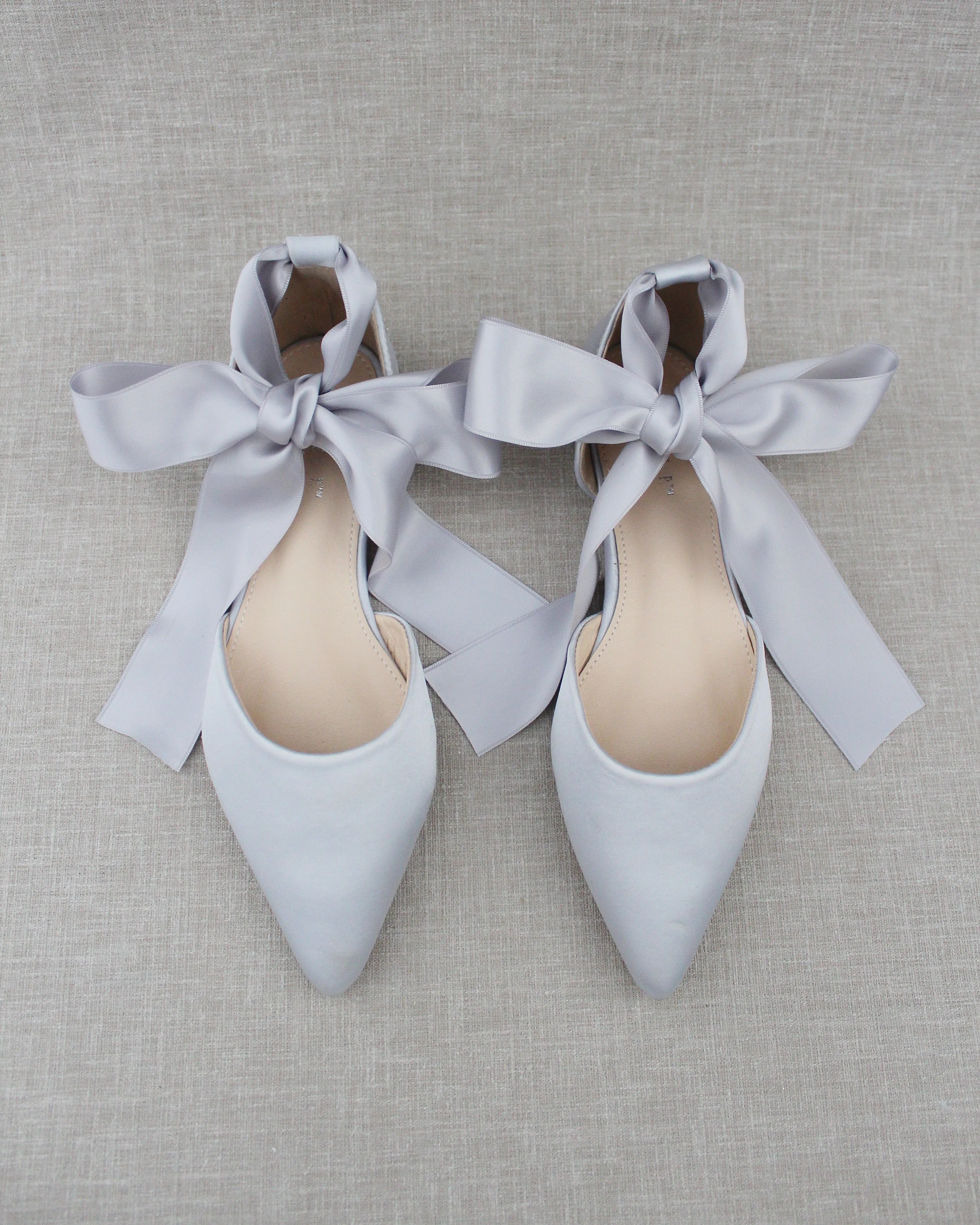 Satin Pointy Toe Flats with Satin Ankle Tie or Ballerina Lace Up