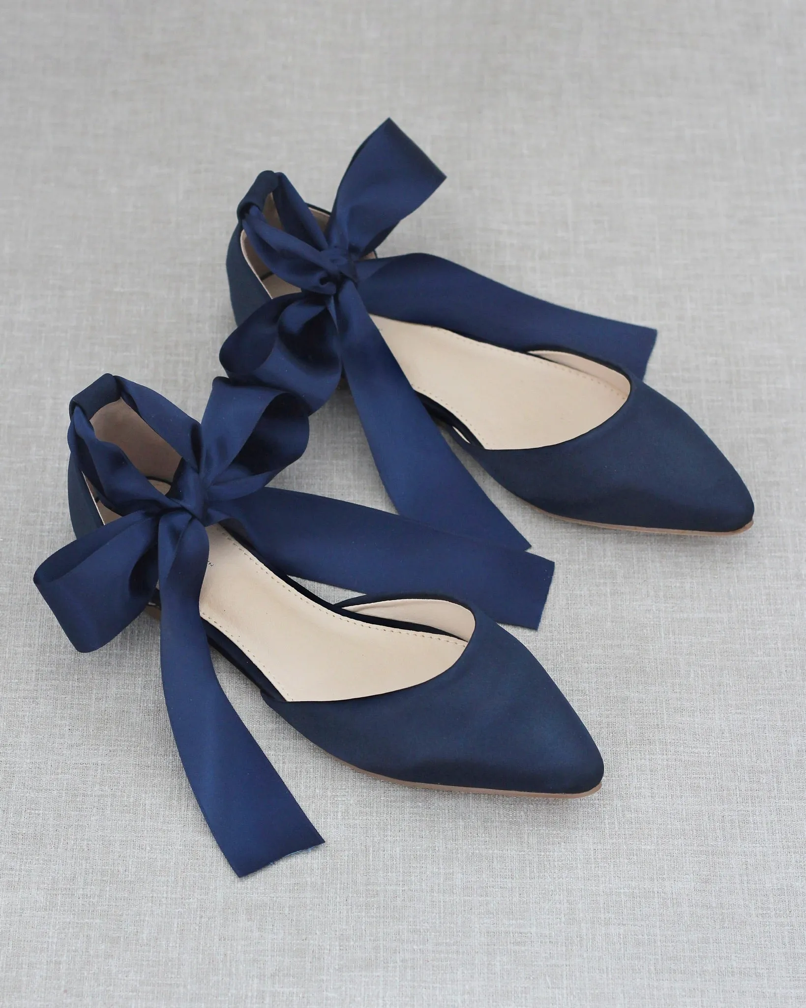 Satin Pointy Toe Flats with Satin Ankle Tie or Ballerina Lace Up