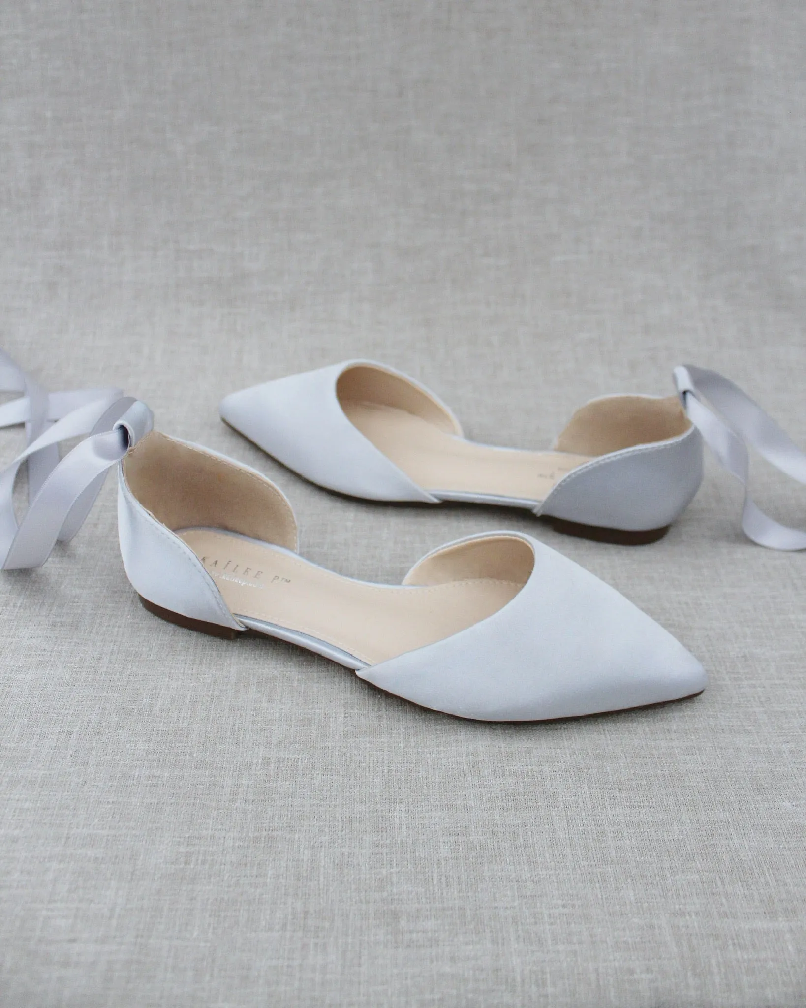Satin Pointy Toe Flats with Satin Ankle Tie or Ballerina Lace Up
