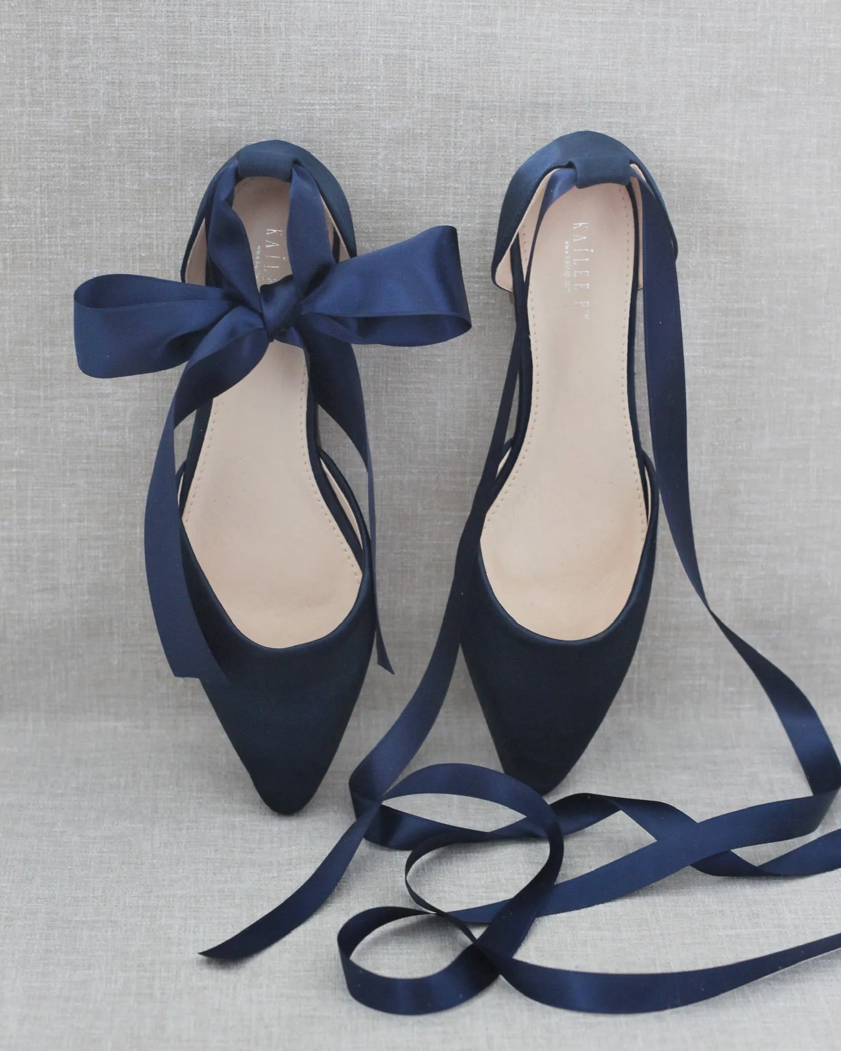 Satin Pointy Toe Flats with Satin Ankle Tie or Ballerina Lace Up