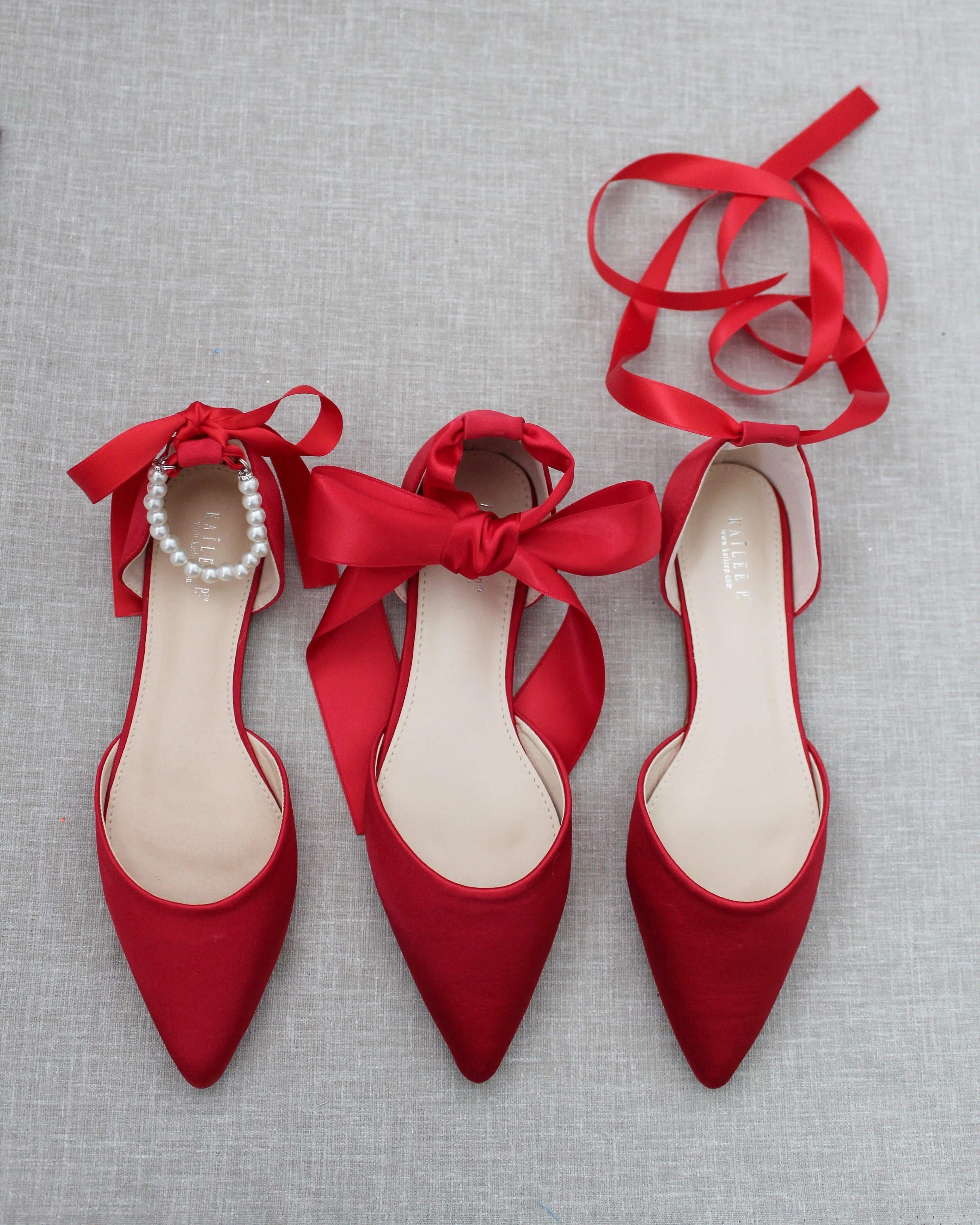 Satin Pointy Toe Flats with Satin Ankle Tie or Ballerina Lace Up