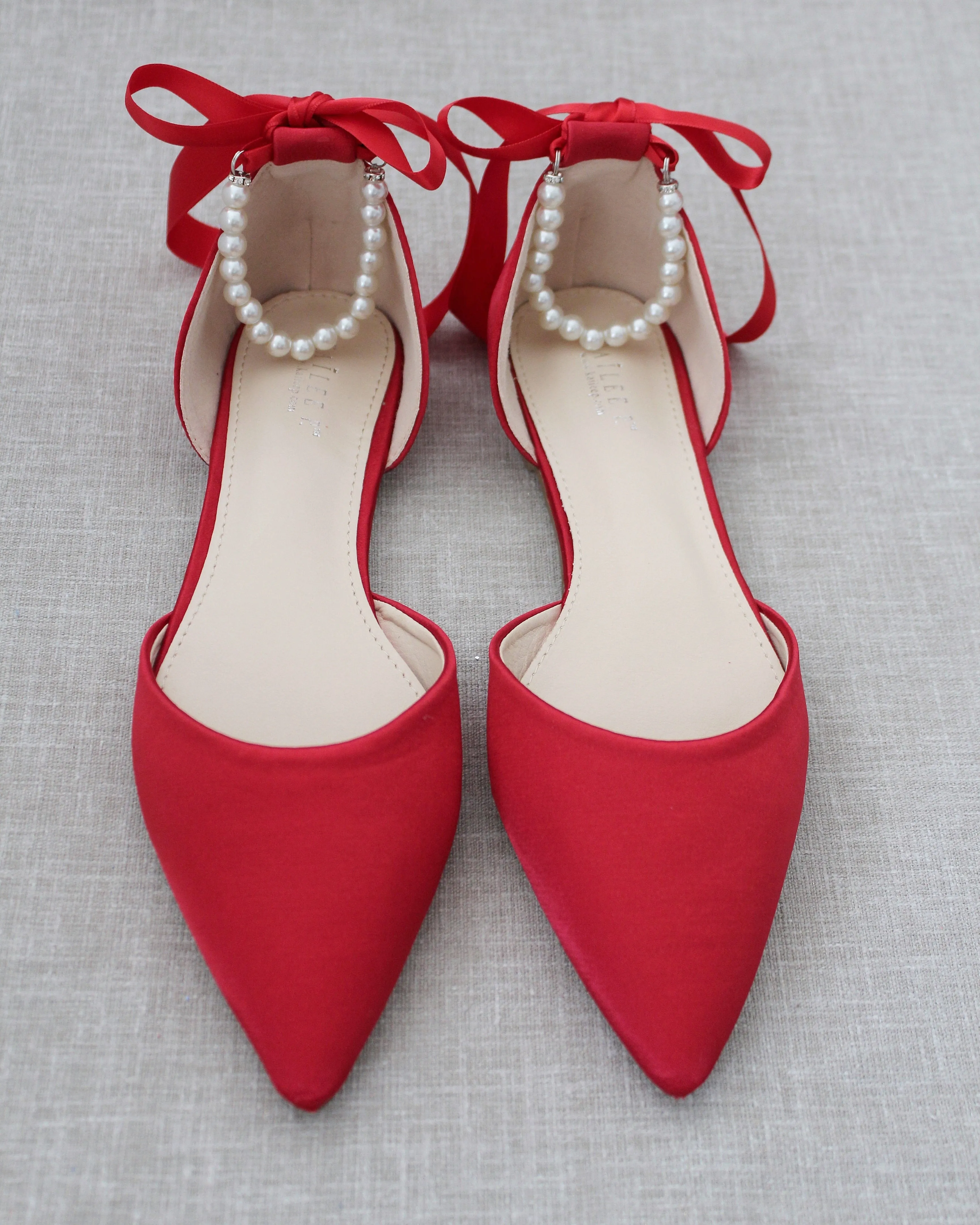 Satin Pointy Toe Flats with Satin Ankle Tie or Ballerina Lace Up