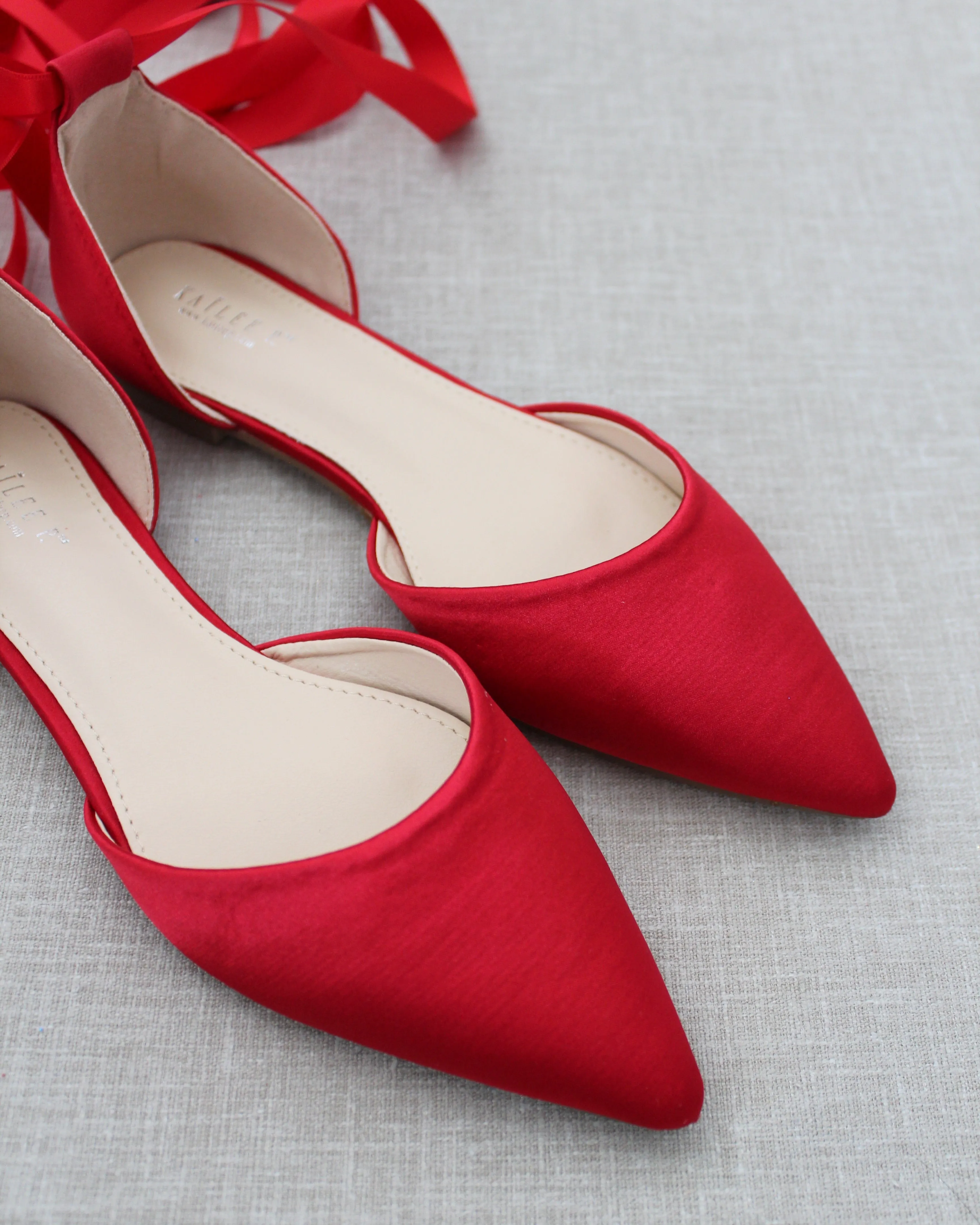 Satin Pointy Toe Flats with Satin Ankle Tie or Ballerina Lace Up