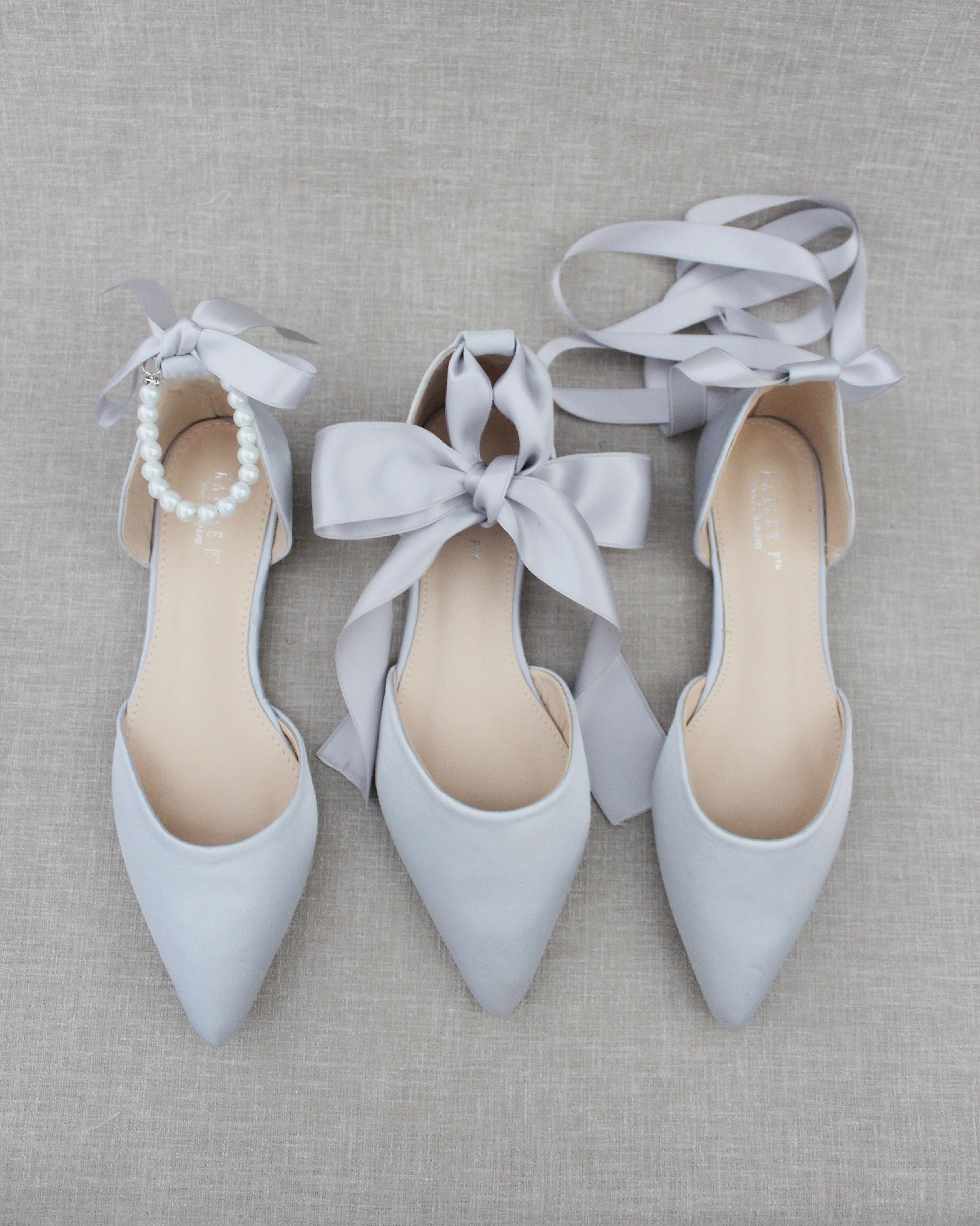 Satin Pointy Toe Flats with Satin Ankle Tie or Ballerina Lace Up