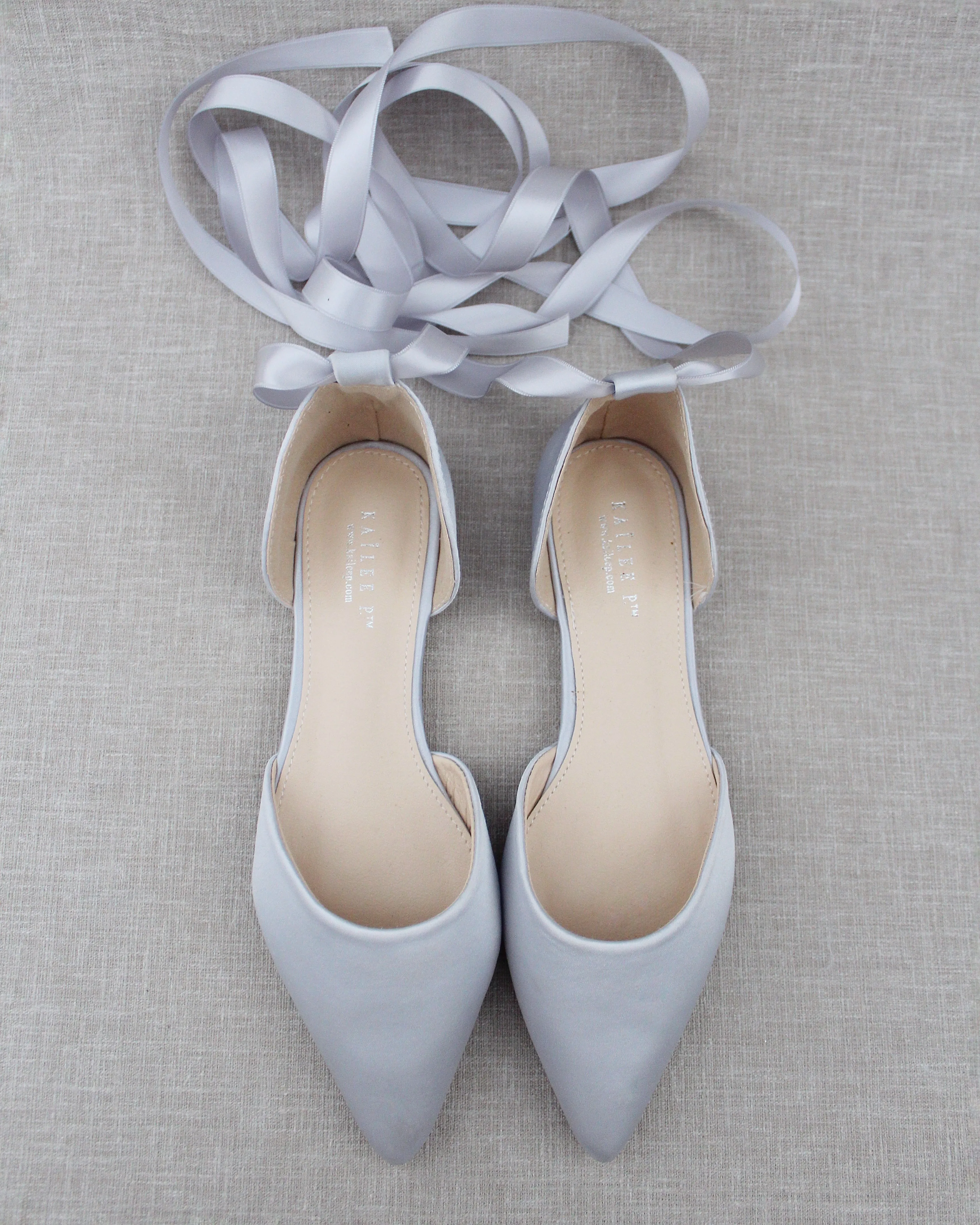 Satin Pointy Toe Flats with Satin Ankle Tie or Ballerina Lace Up