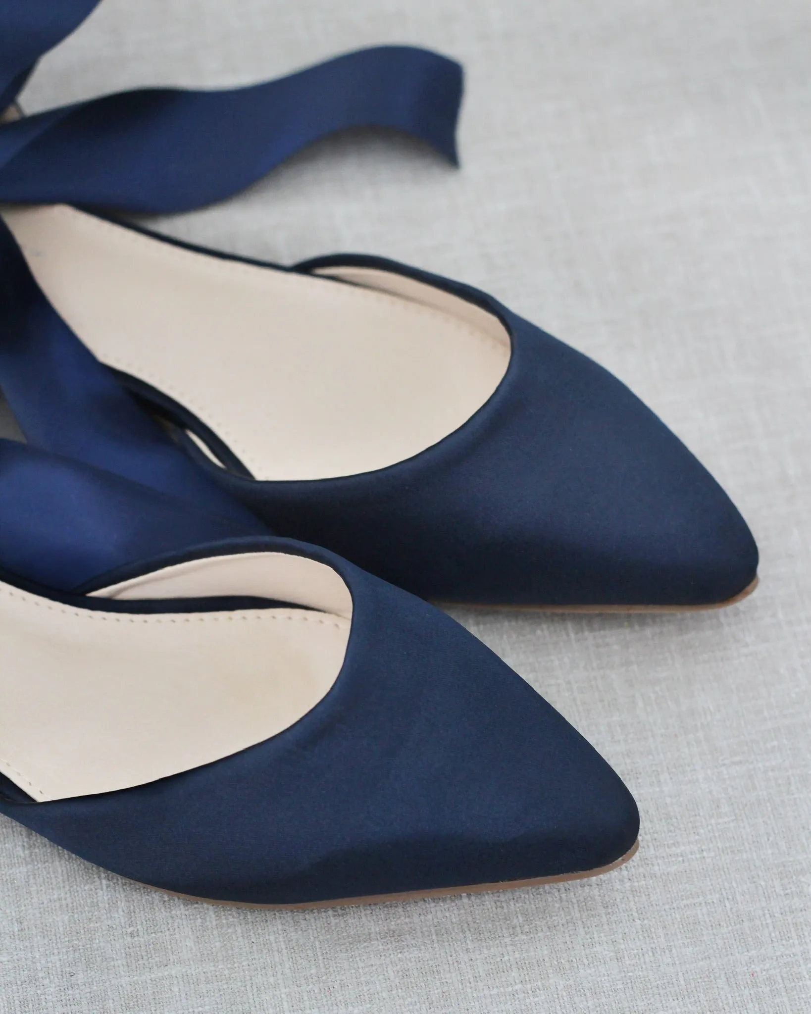 Satin Pointy Toe Flats with Satin Ankle Tie or Ballerina Lace Up