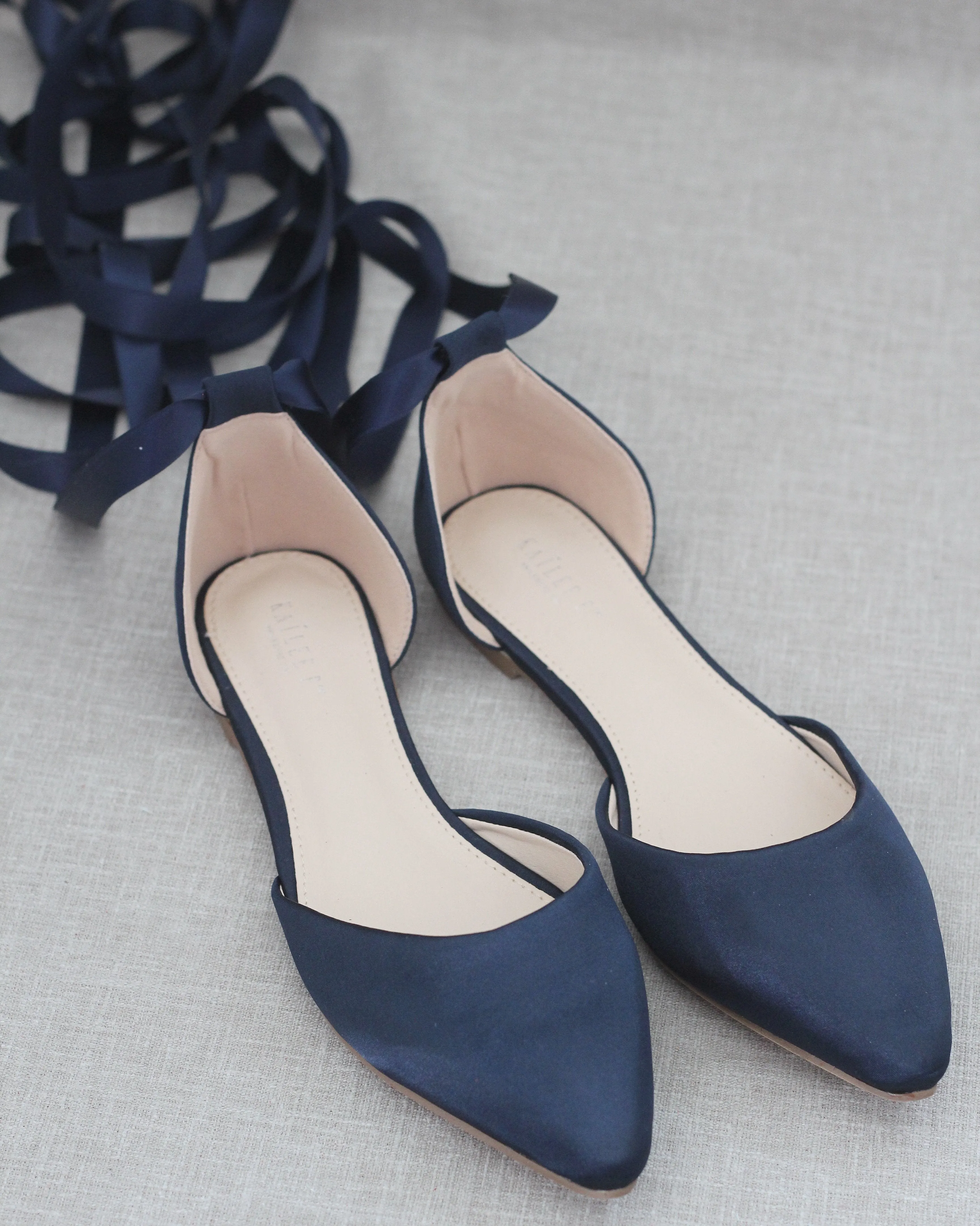 Satin Pointy Toe Flats with Satin Ankle Tie or Ballerina Lace Up
