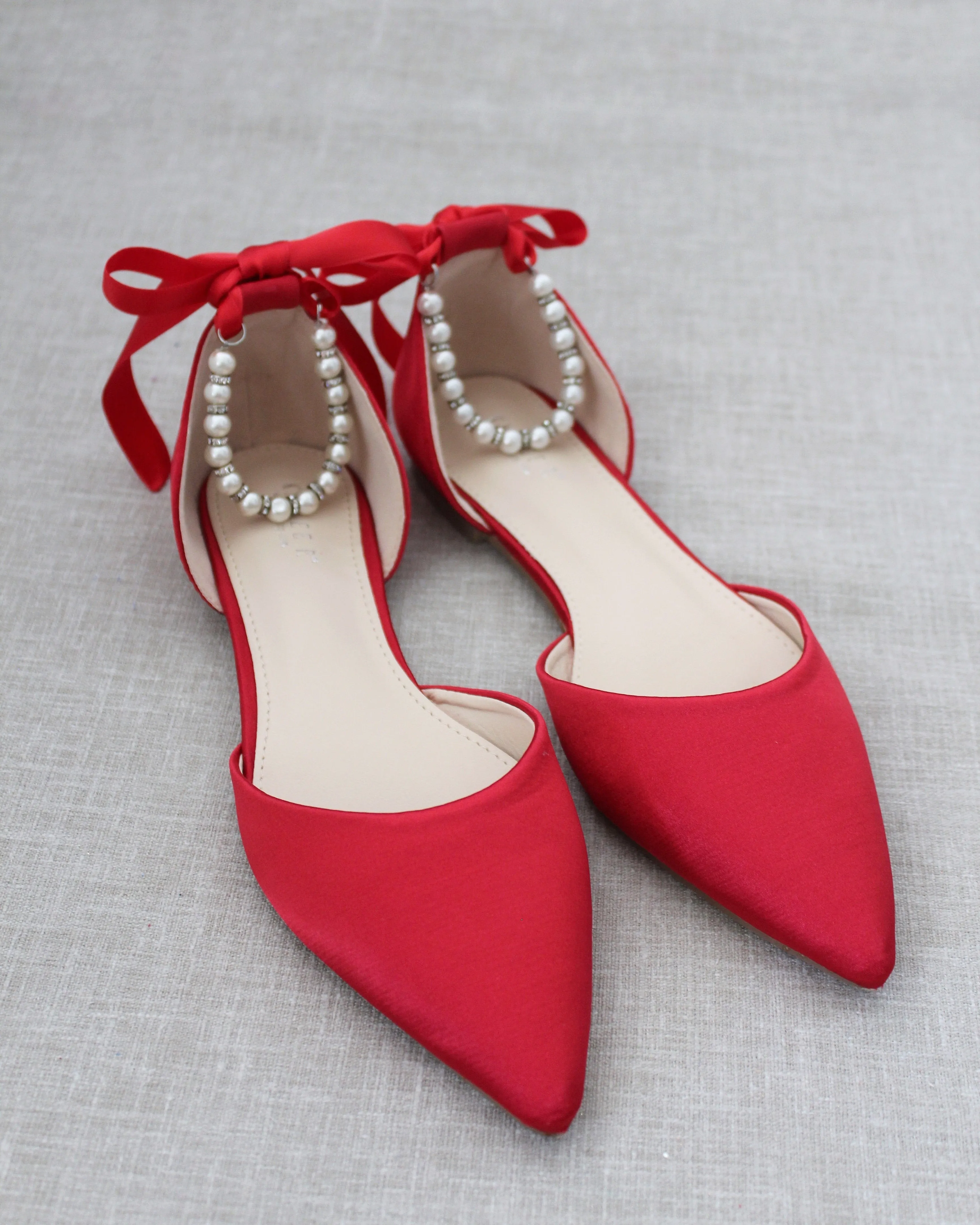 Satin Pointy Toe Flats with Satin Ankle Tie or Ballerina Lace Up
