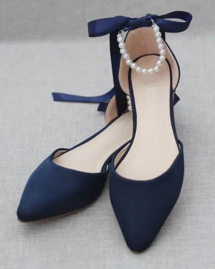 Satin Pointy Toe Flats with Satin Ankle Tie or Ballerina Lace Up