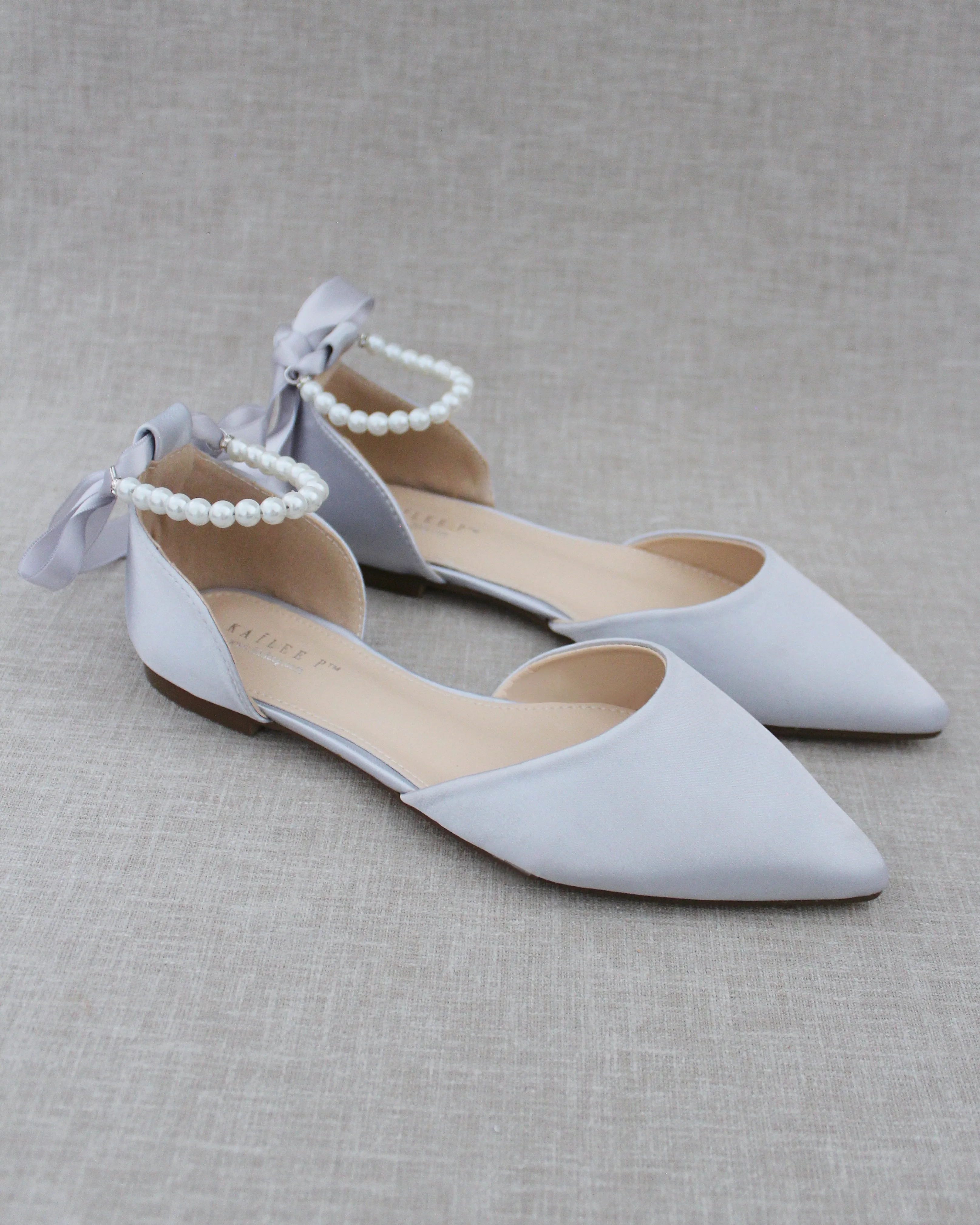Satin Pointy Toe Flats with Satin Ankle Tie or Ballerina Lace Up