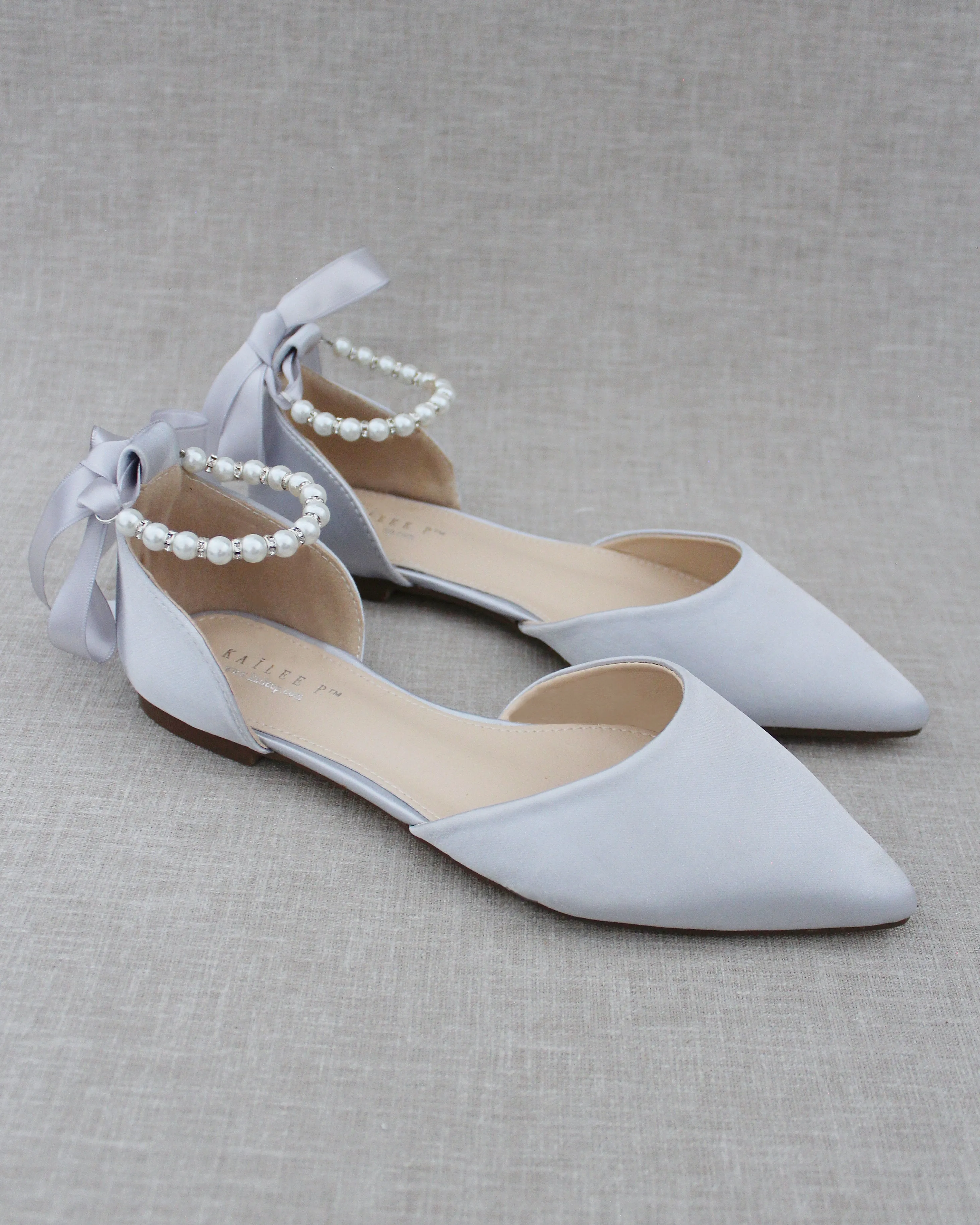 Satin Pointy Toe Flats with Satin Ankle Tie or Ballerina Lace Up
