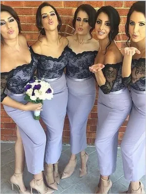sheath half Sleeves Bridesmaid Dresses,Off Shoulder Ankle Length Satin Bridesmaid Dresses